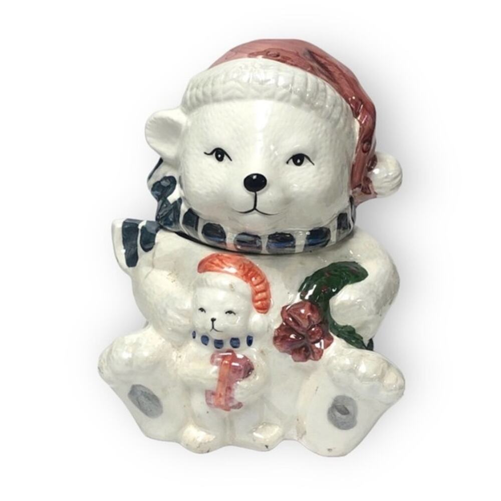 Vintage Holiday Christmas Winter Polar Bear Cookie Candy Jar Santa Hat 7.5"
